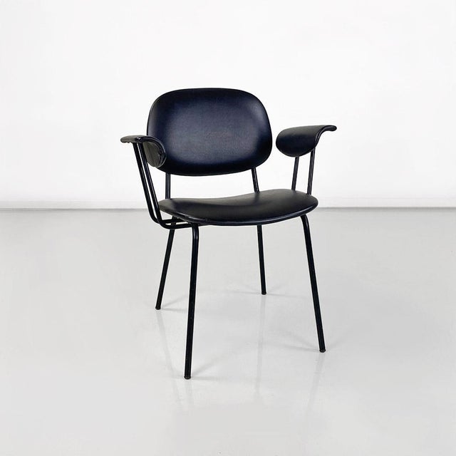 Modern Italian Chair in Metal and Black Leather with Arms, 1960s For Sale - Image 4 of 18
