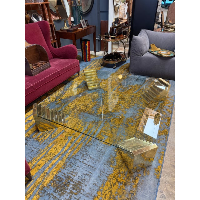 Brass Glass Sculptural Coffee Table With Stepped Pedestal Bases For Sale - Image 8 of 8