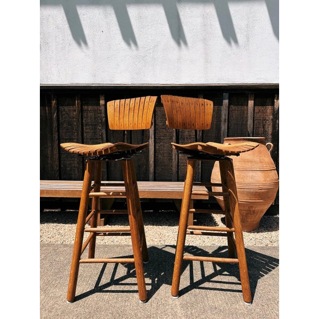Mid 20th Century Mid-Century Modern Slatted Wood Stools Attributed to Arthur Umanoff - A Pair For Sale - Image 5 of 12