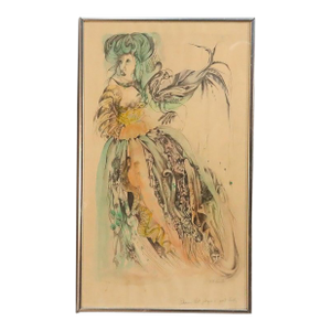 1960s Surrealist Watercolor Drawing “Demons That Plague a Great Lady” by Guenther