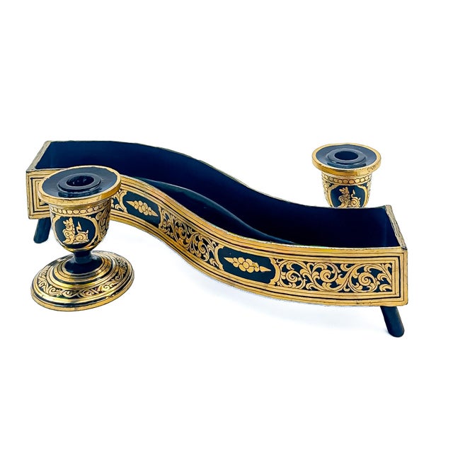Mid-20th Century Burmese Lacquer Candlesticks and Serpentine Tray, Shwe Zawa Gold Leaf, Set of 3 For Sale - Image 4 of 10