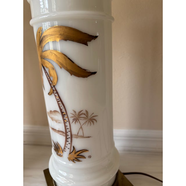 Mid 20th Century Hollywood Regency Midcentury Gold and White Hand Painted Opaline Palm Tree Table Lamps - a Pair For Sale - Image 10 of 11