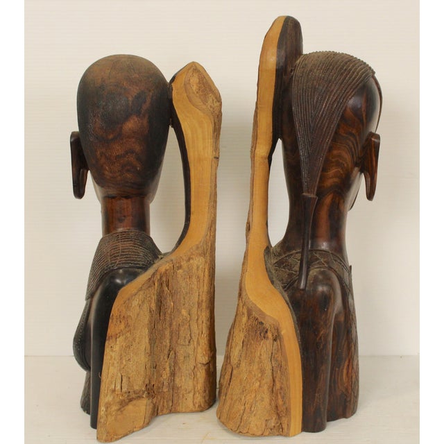 Mid-Century Modern Mid 20th Century Maasai Warrior Hand Sculpted Busts - Set of 2 For Sale - Image 3 of 15
