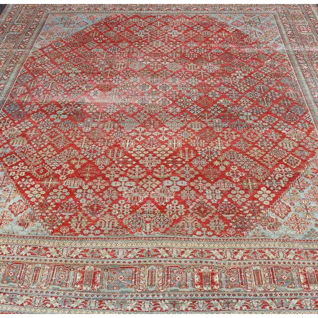Antique Persian Joshegan Rug With Geometric Medallion Design in Red and Lt. Blue 9'6 X 12'3 For Sale - Image 4 of 15