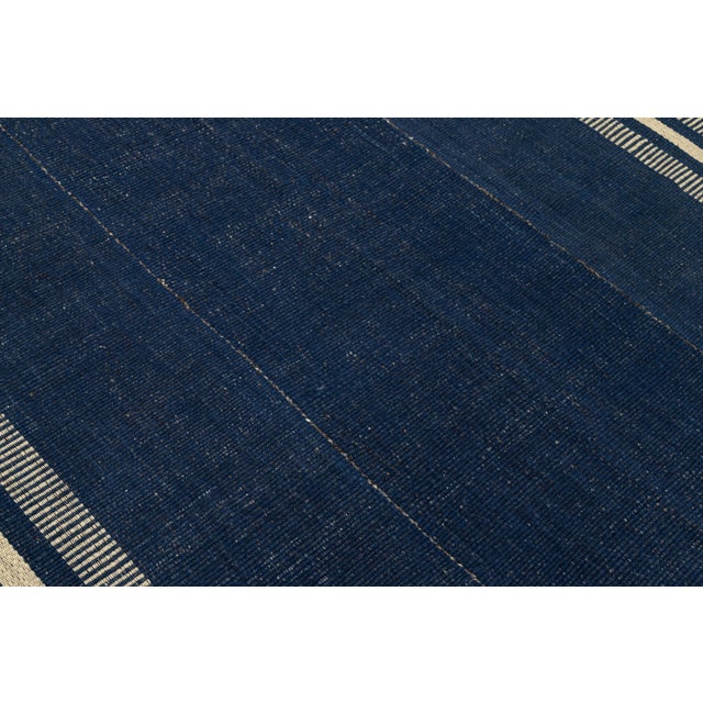 Modern Kilim Style Wool Rug – Hand-Knotted Indigo Blue & Cream Striped Flatweave For Sale - Image 9 of 11