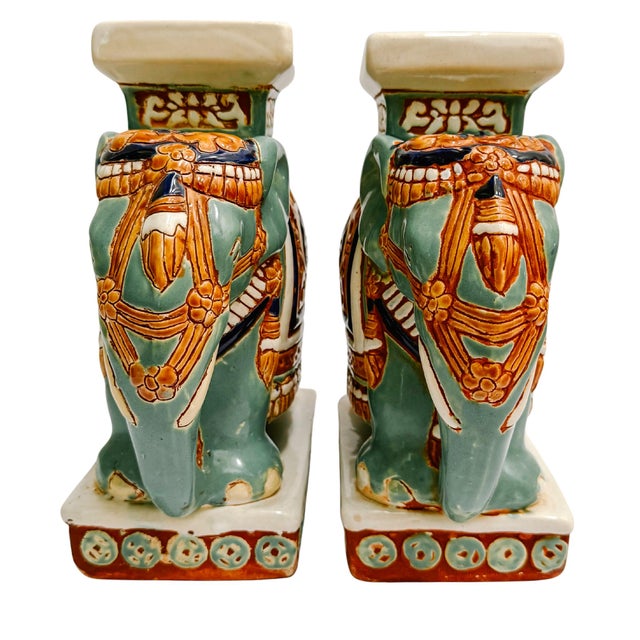 Vintage Chinoiserie Celadon & Ochre Ceramic Elephant Glazed Plant Stands / Bookends For Sale In San Diego - Image 6 of 10