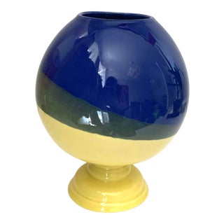 European Mid Century Modern Large Ceramic Modern Contemporary Blue and Yellow Footed Vase - Marked 2000 For Sale