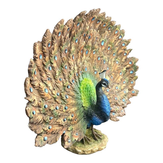 Peacock Wheel Open Statue Handmade Artwork Wildlife Bird Sculpture Decor For Sale