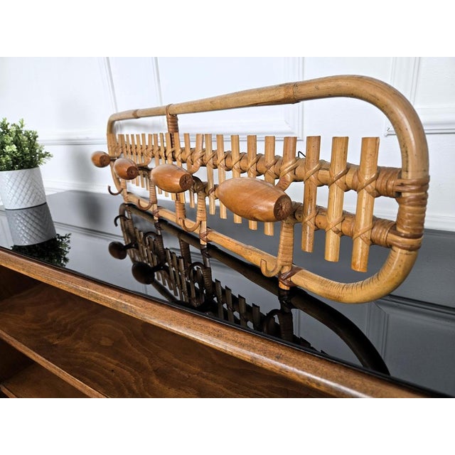 Boho Chic Italian Bohemian Bamboo and Rattan Wall Coat Hanger, 1960s For Sale - Image 3 of 10