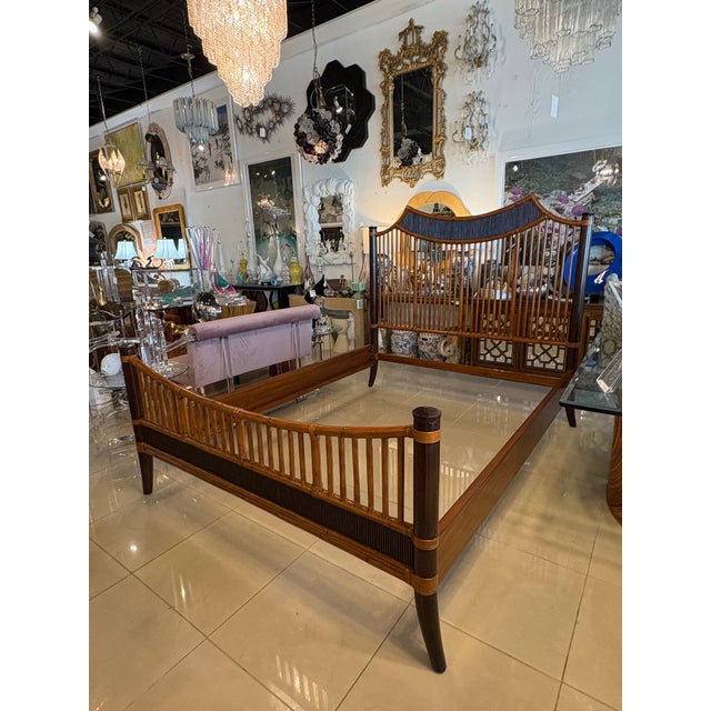 Vintage Bamboo Rattan Pagoda Queen Size Bed Headboard Footboard Frame Set For Sale - Image 9 of 12