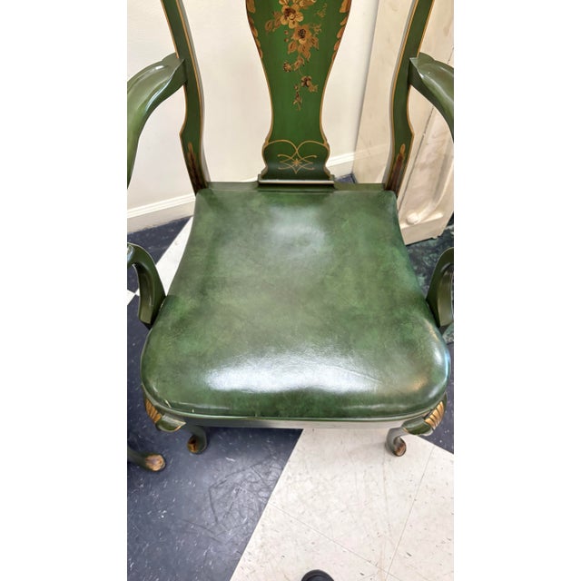 Green Mid-Century Chinoiserie Green Leather Arm Chairs - Queen Anne Style For Sale - Image 8 of 10