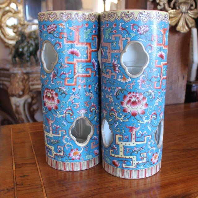 Cerulean Blue Chinese Porcelain Hat Stand Vases - A Pair For Sale - Image 4 of 14