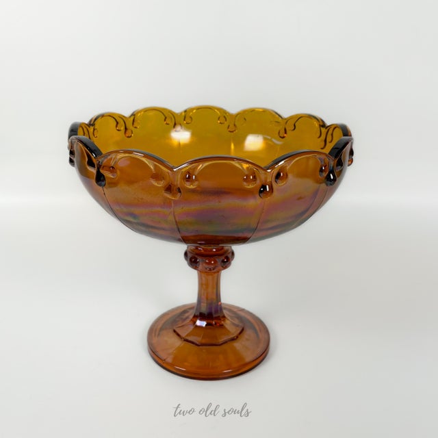 1970s Vintage Scalloped Amber Carnival Glass Pedestal Bowl For Sale - Image 5 of 9