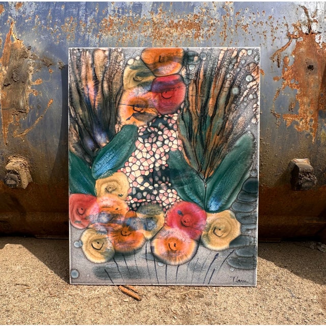 Modern Hand-Painted Ceramic Art Wall Panel or Tile with Flower & Plant Motifs by Traute Lossau for Kupfermühle KMK Keramik, West Germany, 1960s For Sale - Image 3 of 18