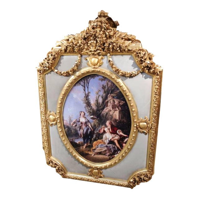 French Rococo Gold Leaf Picture Frame – Ornate Cherub & Romantic Garden Scene Panel For Sale