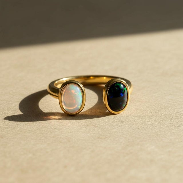 Metal Toi Et Moi Gemstone Ring: White Opal and Black Opal, Size 7.5 For Sale - Image 7 of 9