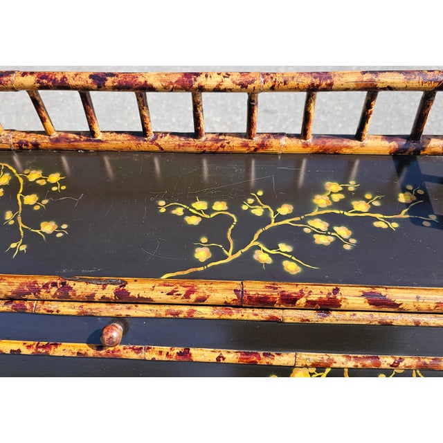 Ebony Faux Bamboo Rattan Enamel and Decorated Slant Top Secretary Desk For Sale - Image 8 of 10