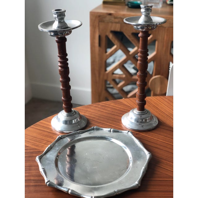 Wood Vintage Mexican Wood & Aluminum Tall Candlestick Holders For Sale - Image 7 of 9