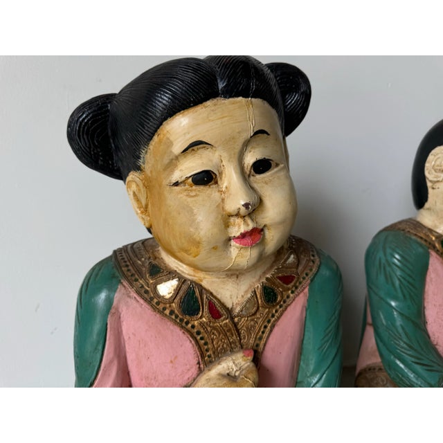 1970s Vintage Asian Hand Carved Wood and Painted Seated Children Sculptures - a Pair For Sale - Image 5 of 12