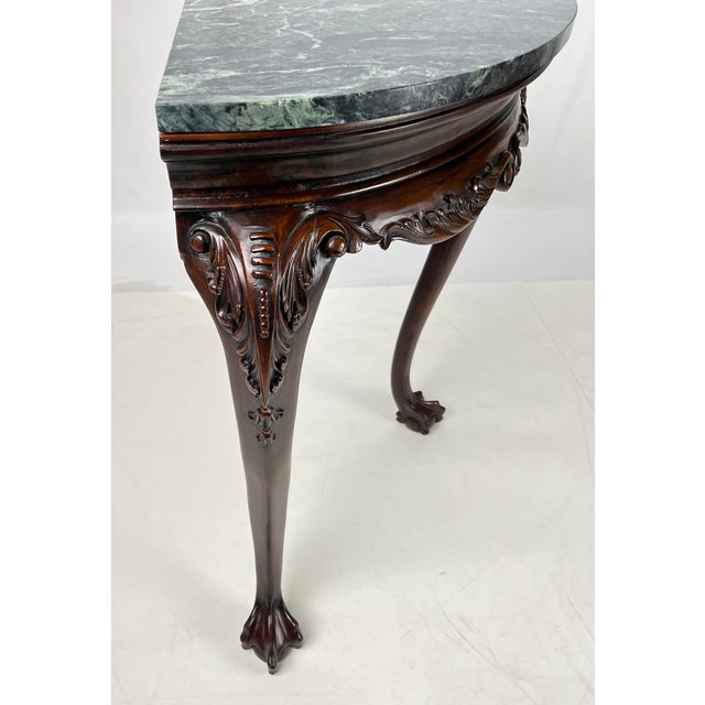 Late 20th Century Vintage Chippendale Style Carved Mahogany Green Marble Top Demilune Console Table For Sale - Image 5 of 13