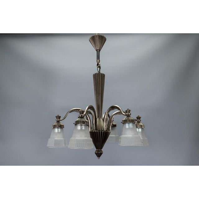 Art Deco French Bronze and Frosted White Glass Six-Light Chandelier, 1930s For Sale - Image 3 of 18