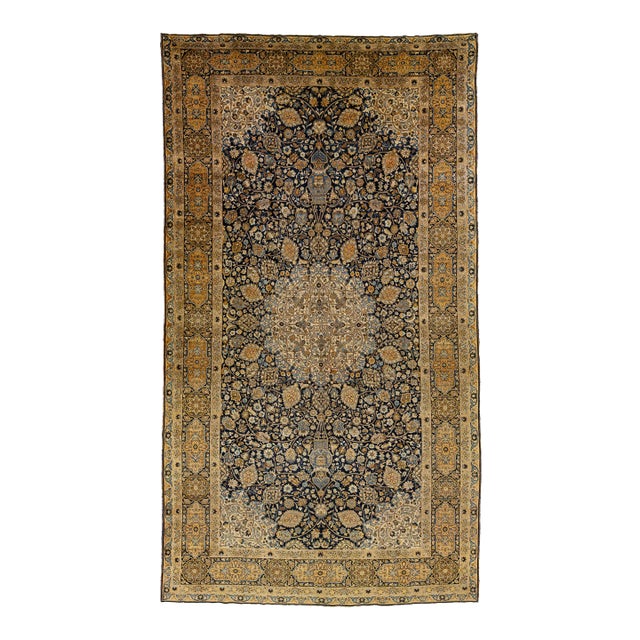 Antique Oversize Wool Rug Persian Tabriz From 1890s in Blue With Rosette Design For Sale