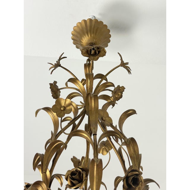 Metal Six-Light Floral Chandelier in Gold Metal, Italy, 1960 For Sale - Image 7 of 8