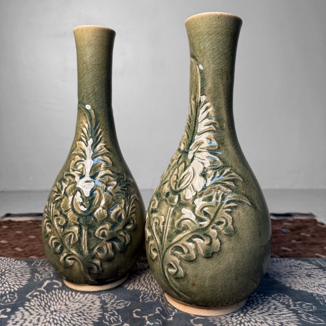 Celadon Ikebana Vases with Floral Relief by Noma Gazan, Japan, 1970s, Set of 2 For Sale - Image 17 of 17
