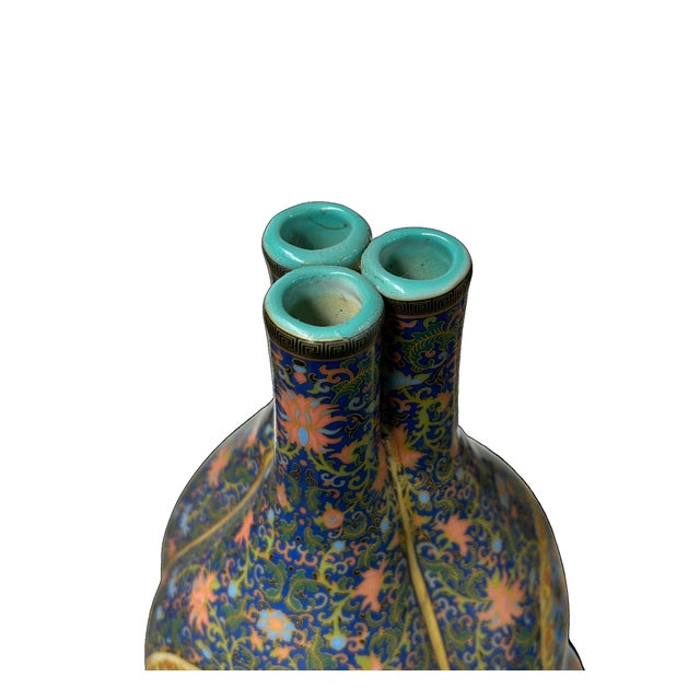 Oriental Purple Blue Gourd Shape Floral Graphic Porcelain Art Vase For Sale - Image 4 of 18