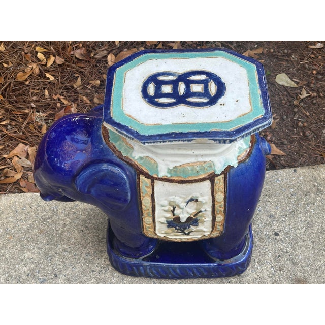 Chinese Chinese Ceramic Elephant Garden Seat, Cobalt Blue With Turquoise Accents For Sale - Image 3 of 10