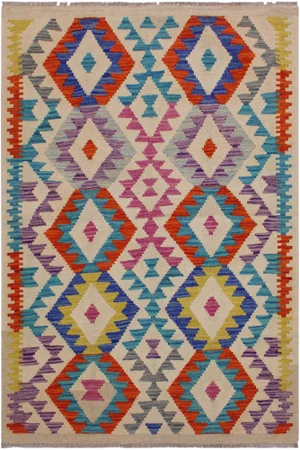 Tribal Kilim Ivory/Blue Hand-Woven Wool Rug - 3'2 X 4'9