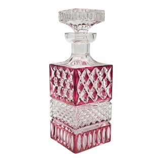 1960s West German a & H Cranberry Cut-to-Clear Lead Crystal Whiskey Decanter 9" For Sale