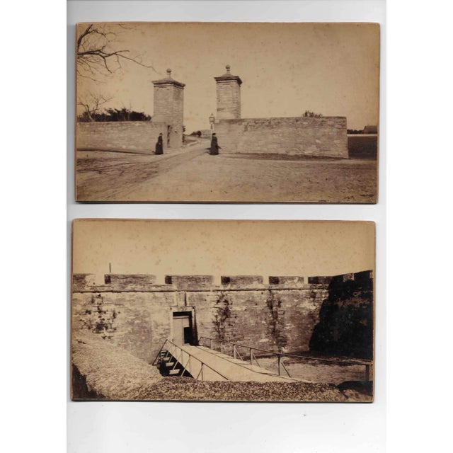 Set of 8 St. Augustine, FL black sepia tone carte de visite style photos depicting the gates of the city, Castillo de San...