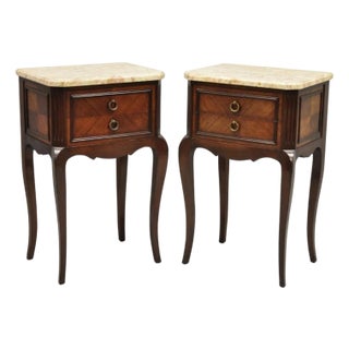 Vintage French Louis XV Style Pink Marble Top Mahogany Nighstand Table - A Pair For Sale