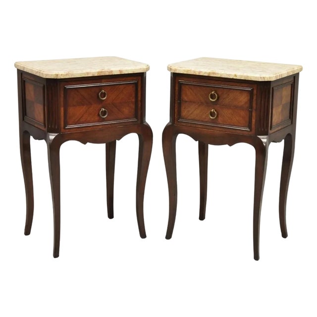 Vintage French Louis XV Style Pink Marble Top Mahogany Nighstand Table - A Pair For Sale