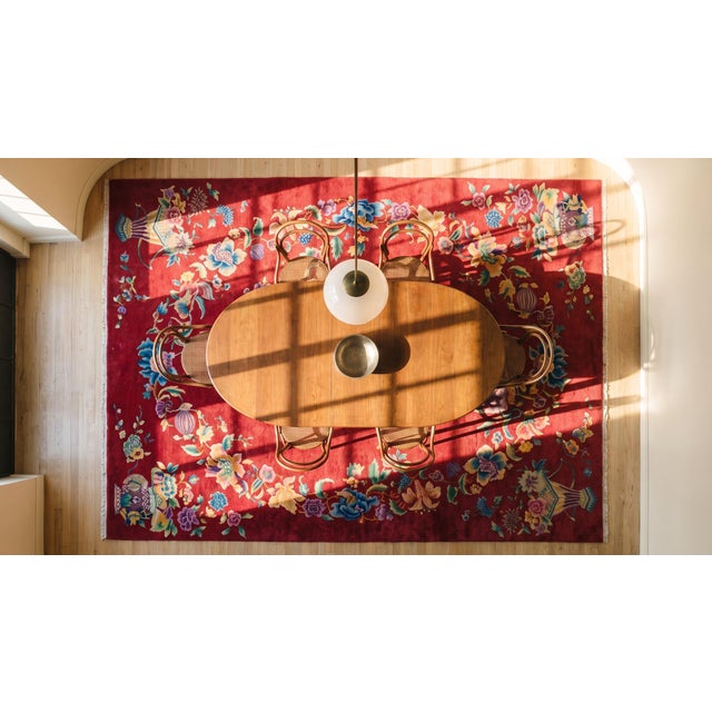 1930s Red Floral Modern Antique Chinese Art Deco Rug 8' 9" X 11' 6" Handknotted Wool Carpet For Sale - Image 9 of 9
