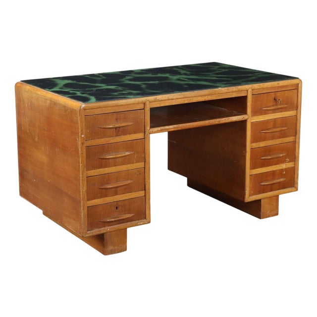 Desk with Green and Black Glass Top, 1950s For Sale