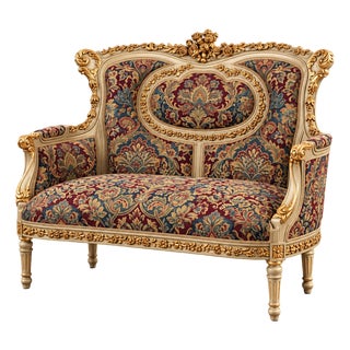 French-Style Damask Sofa – Ornate Gold Leaf Frame With Floral Carved Details For Sale