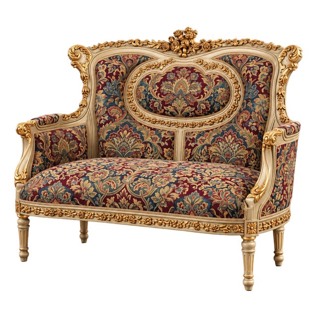 French-Style Damask Sofa – Ornate Gold Leaf Frame With Floral Carved Details For Sale