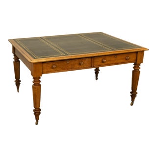Antique English Oak & Leather Top Double-Sided Library Table Partner's Desk 1860 For Sale