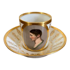 Antique Early 19th Century French Empire Paris Porcelain Coffee Can Cup and Saucer With Classical Portrait