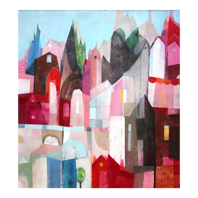 Blue Sky Village - Original Abstract Architectural Landscape Acrylic Painting on Canvas by Maria C. Bernhardsson For Sale