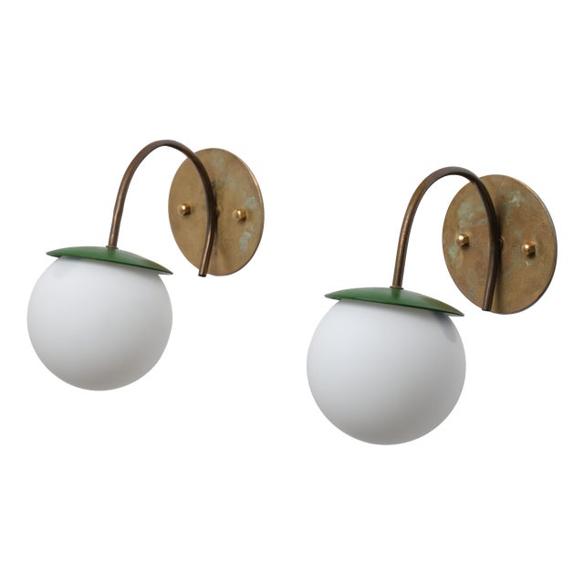 Vintage Italian Brass Wall Lamps with Green Details and Opaline Globes, 1950s, Set of 2 For Sale