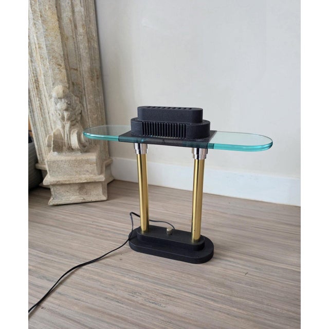 Vintage Robert Sonneman Desk Lamp Dimmable Postmodern Table Lamp Glass Shelf Brass Columns 1980s Memphis Style Lighting For Sale - Image 10 of 14