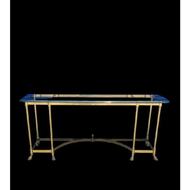 1980s Vintage Italian Brass Hooved Feet Glass Top Mid Century Modern Traditional Console Table For Sale - Image 5 of 11