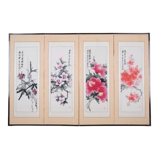 1960s Japanese Byobu Four Traditional Hand Painted and Stamped Floral Vignettes on This Overall Very Good + 4-Panel Folding Screen For Sale
