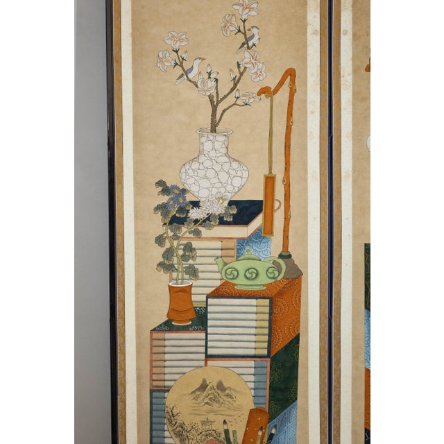 Six-Panel Japanese Folding Screen with Scholar’s Objects and Floral Motifs For Sale - Image 4 of 12