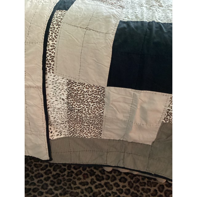 Shabby Chic Vintage Handmade Patchwork Quilt Blanket Black Tan With Leopard Animal Print Squares King For Sale - Image 3 of 12