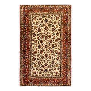 1950s Beige Field & Red Rust Border Floral Vintage Isfahan Wool Silk Carpet Rug For Sale
