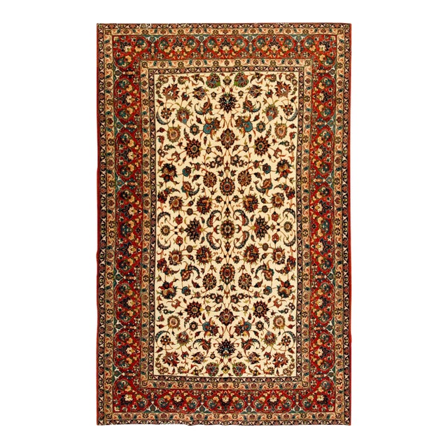 1950s Beige Field & Red Rust Border Floral Vintage Isfahan Wool Silk Carpet Rug For Sale